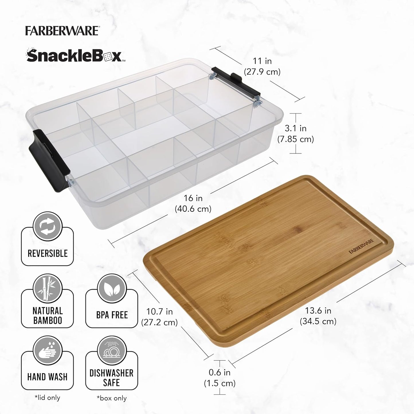 Farberware Small Build-a-Board Snacklebox with Locking Plastic Cutting Board Lid, Portable Charcuterie Storage with 7 Compartments