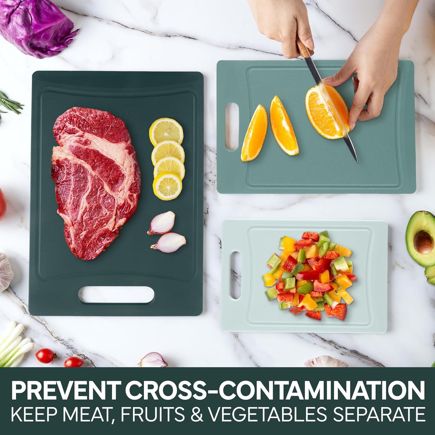 COOK WITH COLOR Non-Slip Cutting Board Set – Kitchen Essentials with Easy Grip Handle for Meat, Veggies, and Fruits, 3 Cutting Boards, Speckled White
