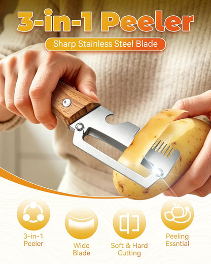 Shredder - 3-in-1 Multifunctional Vegetable Peeler with Bottle Opener & Julienne Shredder, Wide Stainless Steel Blade and Non-slip Wooden Handle, Peeler Knife for Fruits, Vegetables (1pcs)