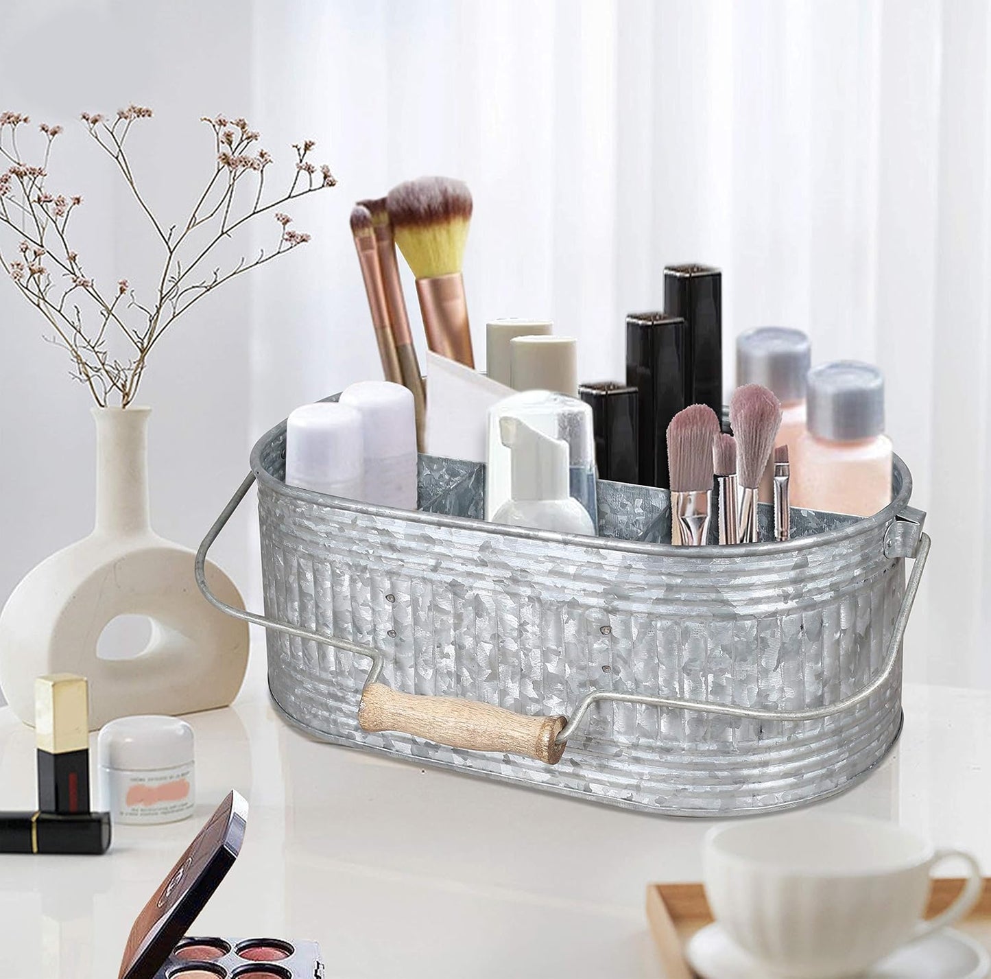 CLEENTABLE Farmhouse Galvanized Metal Utensil Caddy – 4-Compartment Silverware Organizer with Removable Handle for Countertop, Picnic & Party Use (10"x6.5"x5.5", Grey)