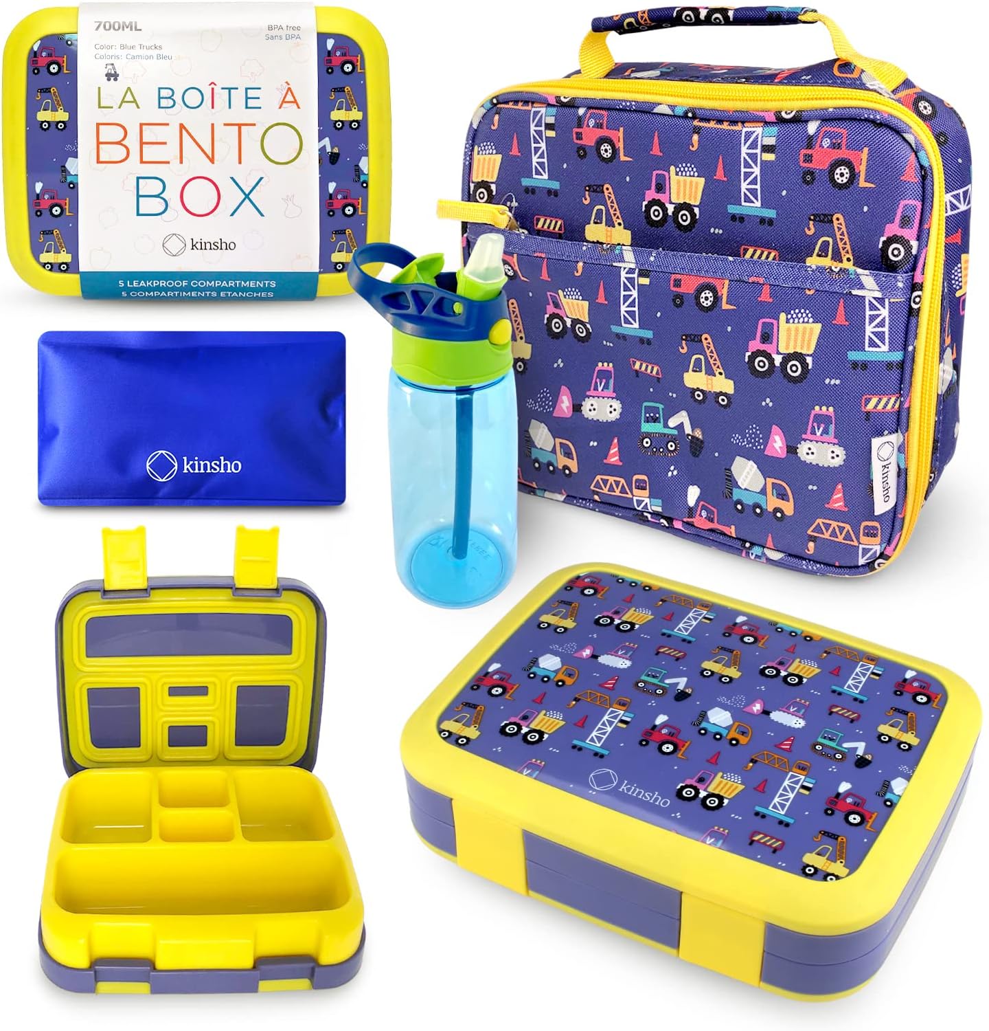 Kinsho Bento Lunch Box for Kids Toddlers, 5 Portion Control Sections, BPA Free Removable Plastic Tray, Pre-School Kid Toddler Daycare Lunches, Snack Container Ages 3 to 7 (Blue Space Rockets)