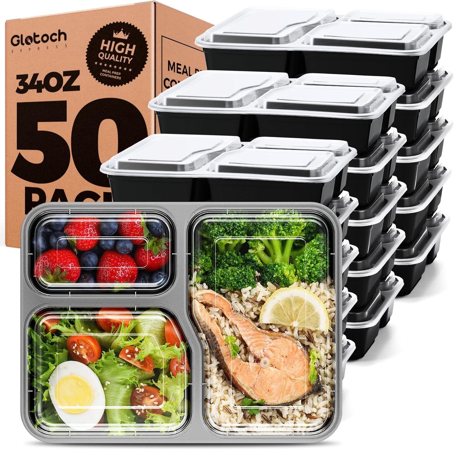 Glotoch 10-Pack Meal Prep Containers with Lids (20-Piece Set), 24 oz Reusable Food Storage Containers, Heavy-Duty Leakproof Bento Boxes, BPA-Free, Microwave/Freezer/Dishwasher Safe, Black