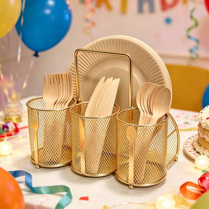 Silverware Organizer Utensil Caddy - 4 Compartment Metal Cutlery Holder Flatware Storage Basket Fork Spoon Napkin Paper Plate Kitchen Countertop Party Picnic Camping Buffet Outdoor (Gold)