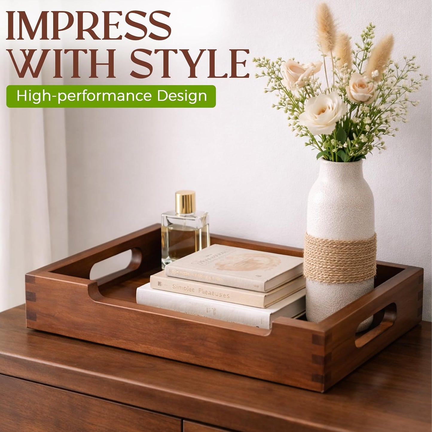 Set7 Wood Serving Tray With Handles And Lid – Large Rectangular Breakfast & Ottoman Tray with Raised Edges, Serving Platter Snack Tray, Serving Tray with Food, Drinks, Appetizer Dishes & Dessert Trays