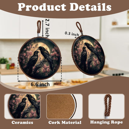 Moody Gothic Raven Floral Ceramic Trivets for Hot Dishes