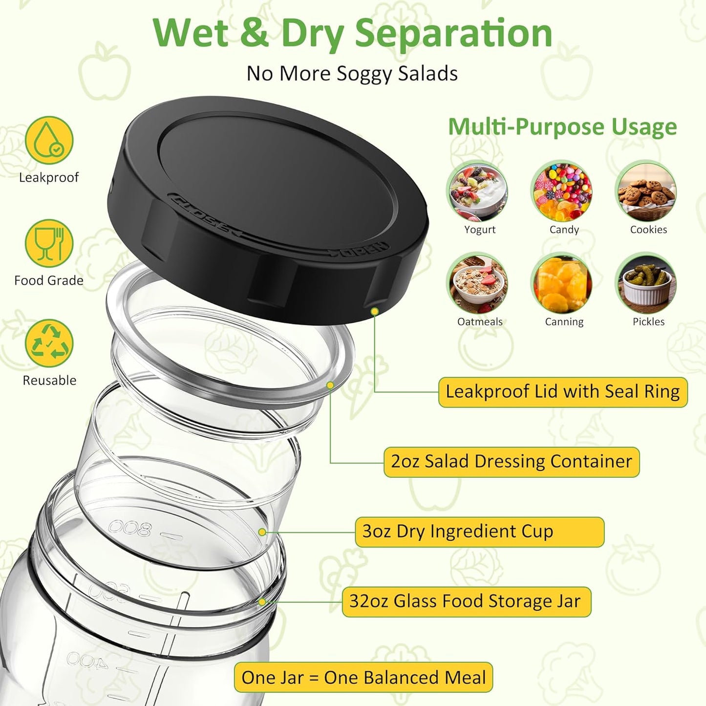 4Pack Glass Salad Jars with Lids, 32oz Salads Mason Jars with Wet/Dry Separation Cup, Meal Prep Salad Containers for Lunch, Leakproof Wide Mouth Food Storage Containers, BPA-Free Reusable (Orange)