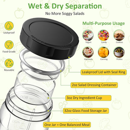 4Pack Glass Salad Jars with Lids, 32oz Salads Mason Jars with Wet/Dry Separation Cup, Meal Prep Salad Containers for Lunch, Leakproof Wide Mouth Food Storage Containers, BPA-Free Reusable (Orange)