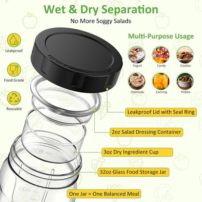 4Pack Glass Salad Jars with Lids, 32oz Salads Mason Jars with Wet/Dry Separation Cup, Meal Prep Salad Containers for Lunch, Leakproof Wide Mouth Food Storage Containers, BPA-Free Reusable (Black)