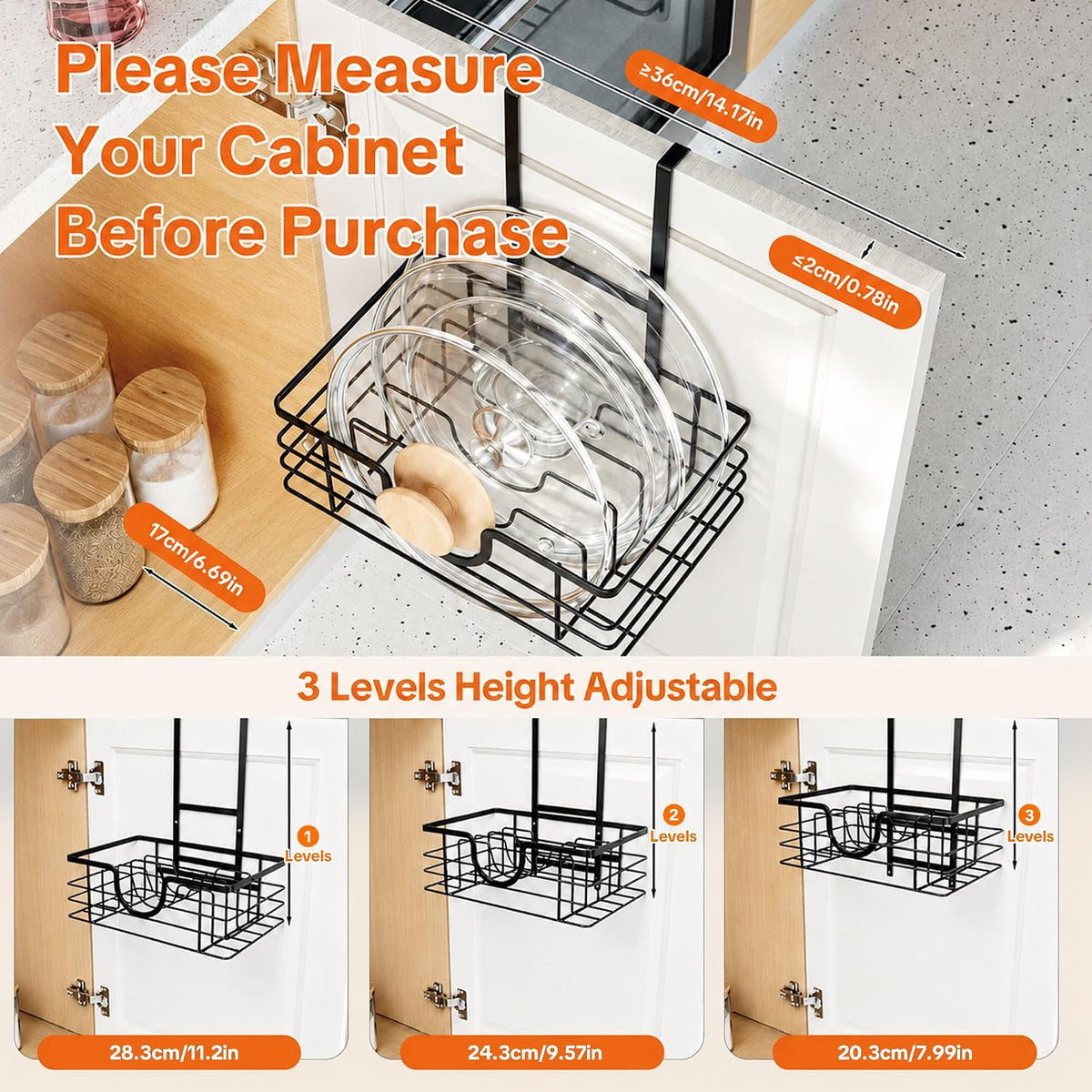 Pot Lid Organizer for Cabinet, Adjustable Height Pan Lid Holder