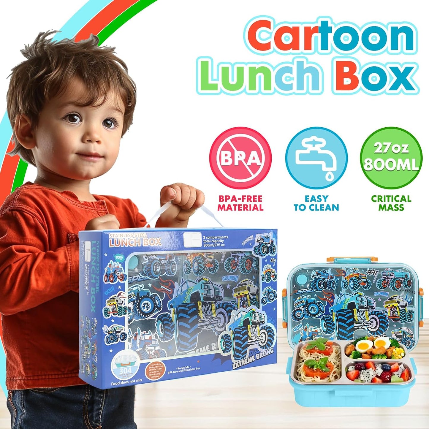 Stainless Steel Bento Lunch Box for Kids, 800ml/27oz BPA-Free Leak-Proof Food Containers with 3 Compartments, Freezer & Dishwasher Safe, Back to School Students Lunches Size for Ages 3-7