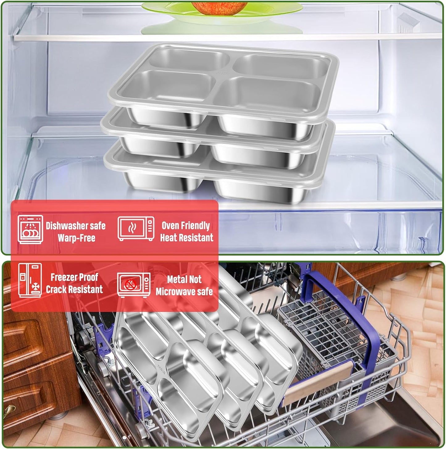 Stainless Steel Snack Containers with Lids 3 Pack, Reusable 4 Compartments Snack Containers Leak-Resistant Storage with 3 Spoons & 3 Forks, Divided Food Storage for Adults, Travel, Home & Office
