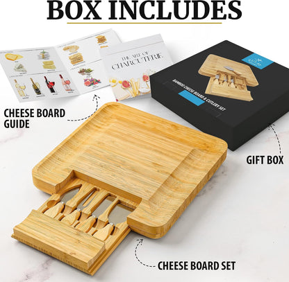 Zulay Kitchen Premium Bamboo Charcuterie Board - Extra Thick Bamboo Board with 4 Piece Knife Set - Perfect for Charcuterie, Wine and Cheese