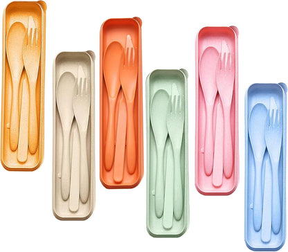 2 Pack Travel Utensils Set with Case, Wheat Straw Reusable Cutlery Set, Portable Spoon Knife Fork Tableware for Lunch Box, Picnic, Camping, Office, BPA Free for Adults Kids