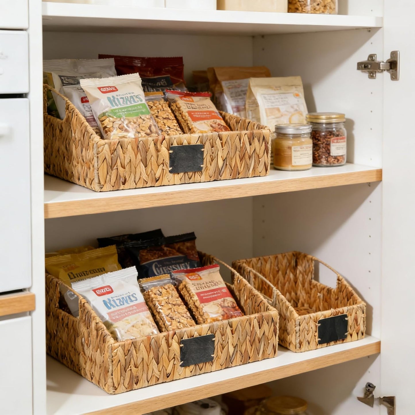 Water Hyacinth Storage Baskets Set of 3 with Chalkboard Labels — Wicker Pantry Organizer Baskets for Kitchen Shelves, Laundry Room, Bathroom & Bedroom — Woven Snack & Produce Storage Bins