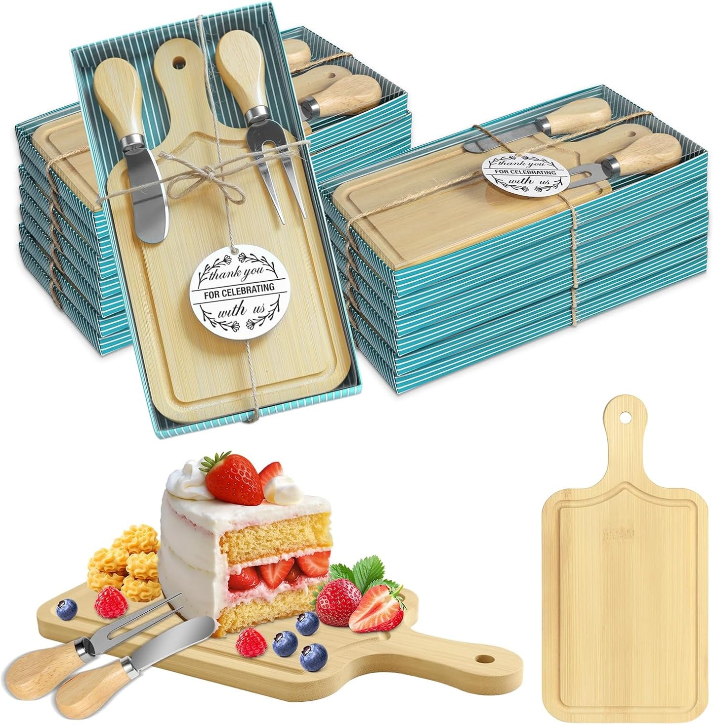AZEAM 12 Sets Baby Bridal Shower Prizes for Game Winners, Bamboo Mini Cheese Board Set with Knife Fork and Present Box, Small Charcuterie Board Bulk for Party Wedding Guests Present