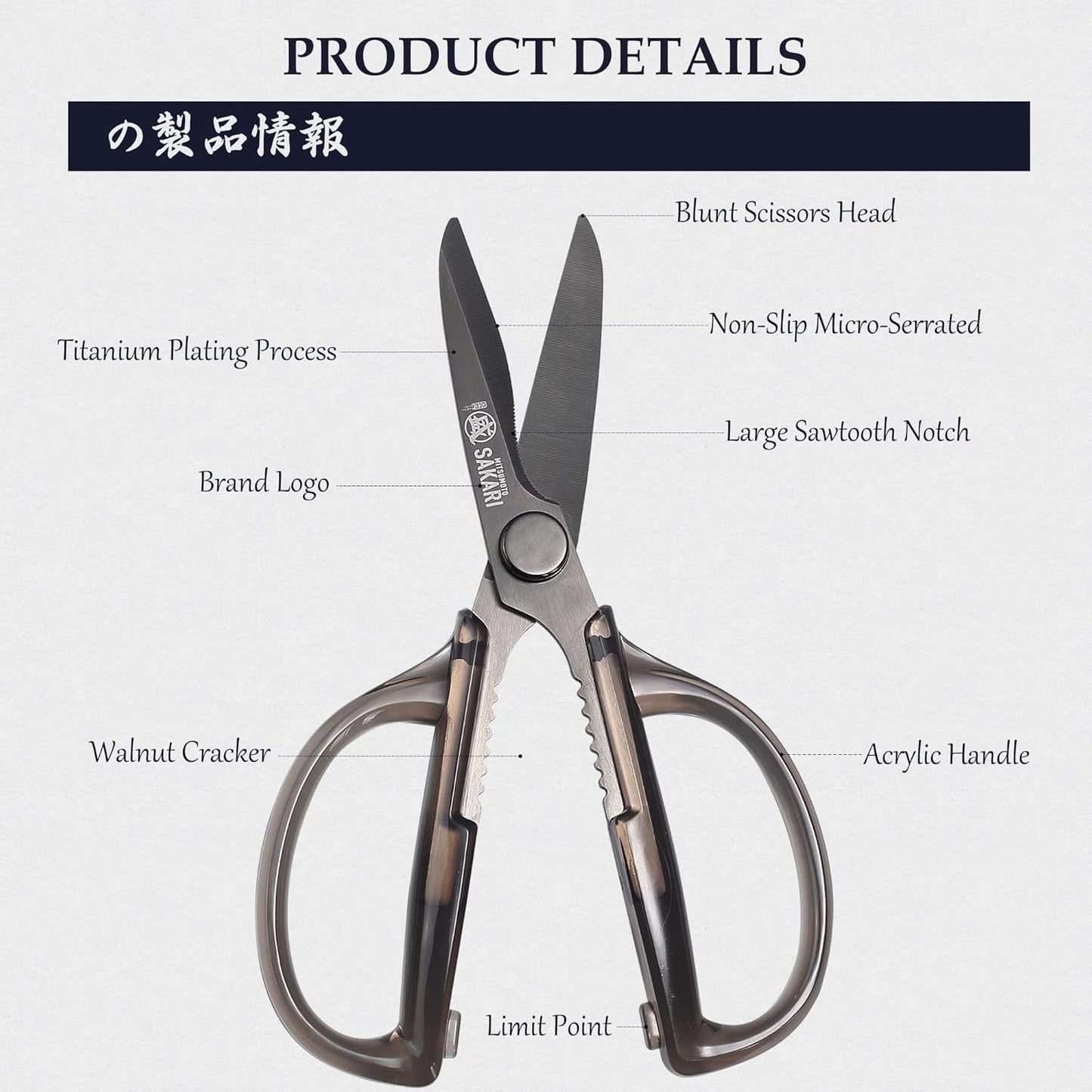 MITSUMOTO SAKARI Detachable Poultry Shears, Kitchen Scissors | Titanium-Plated Serrated Blades, Poultry Joints and Meat Prep, Seafood and Herb Cutting, Non-Slip Handle