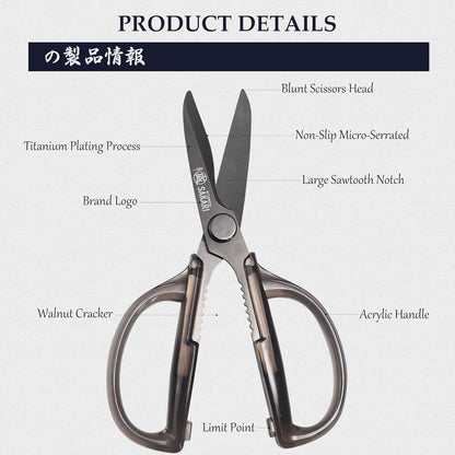MITSUMOTO SAKARI Detachable Poultry Shears, Kitchen Scissors | Titanium-Plated Serrated Blades, Poultry Joints and Meat Prep, Seafood and Herb Cutting, Non-Slip Handle