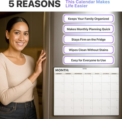 Fridge Calendar Acrylic 17x12”, Start Monday | Magnetic Calendar for Refrigerator | Acrylic Dry Erase Whiteboard Calendar for Fridge | Family Schedule Board with 5 Markers & Eraser by Freedom Mastery