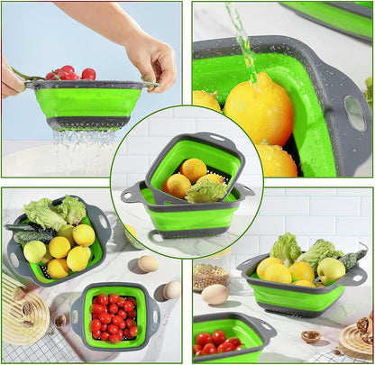 2 PCS Collapsible Colander, Collapsible Strainers for Kitchen, 11.5 inch Silicone Strainer and 9.5 inch Silicone Colander for Draining Vegetable fruit, Kitchen Food Strainer, Blue (Green)