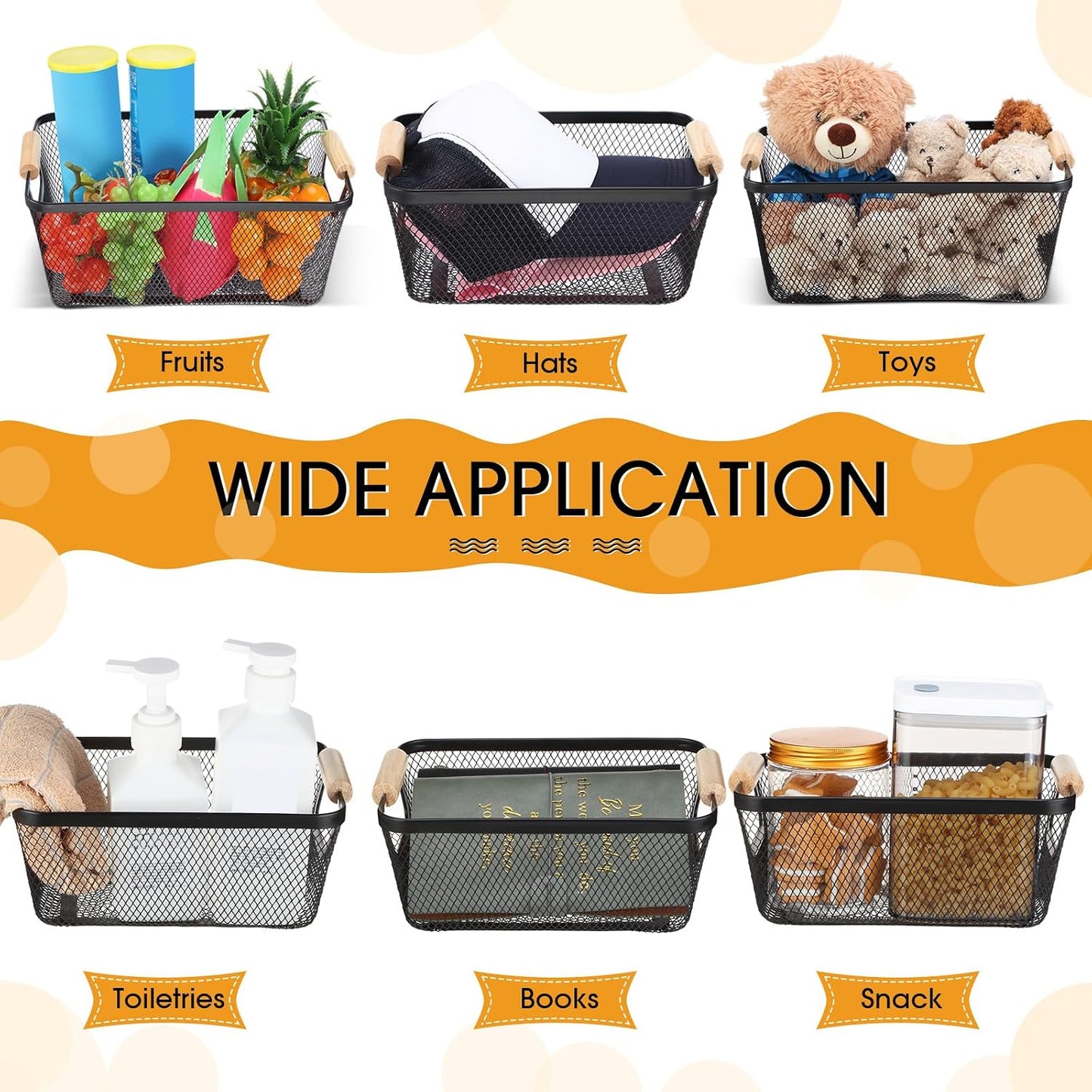 Ziliny 4 Pcs Metal Mesh Wire Baskets with Wooden Handles for Organizing, Pantry Organizers and Storage Steel Bin Kitchen Baskets for Fruit Potato Onion Snacks Bathroom Cabinet(Medium,Cream White)