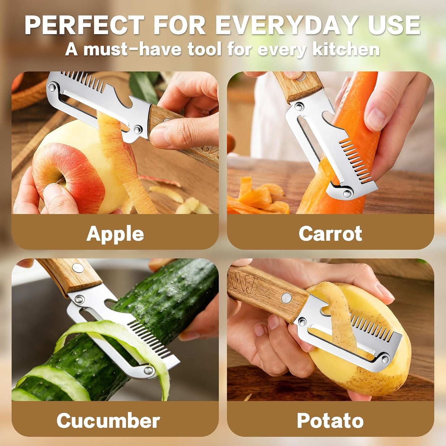 NNJ 2 Pack Vegetable Peeler, Multifunctional Stainless Steel Julienne Peeler for Potatoes, Carrots, Cucumbers, Ergonomic Kitchen Peeler with Built-in Bottle Opener, Sharp Fruit Veggie Shredder Tool