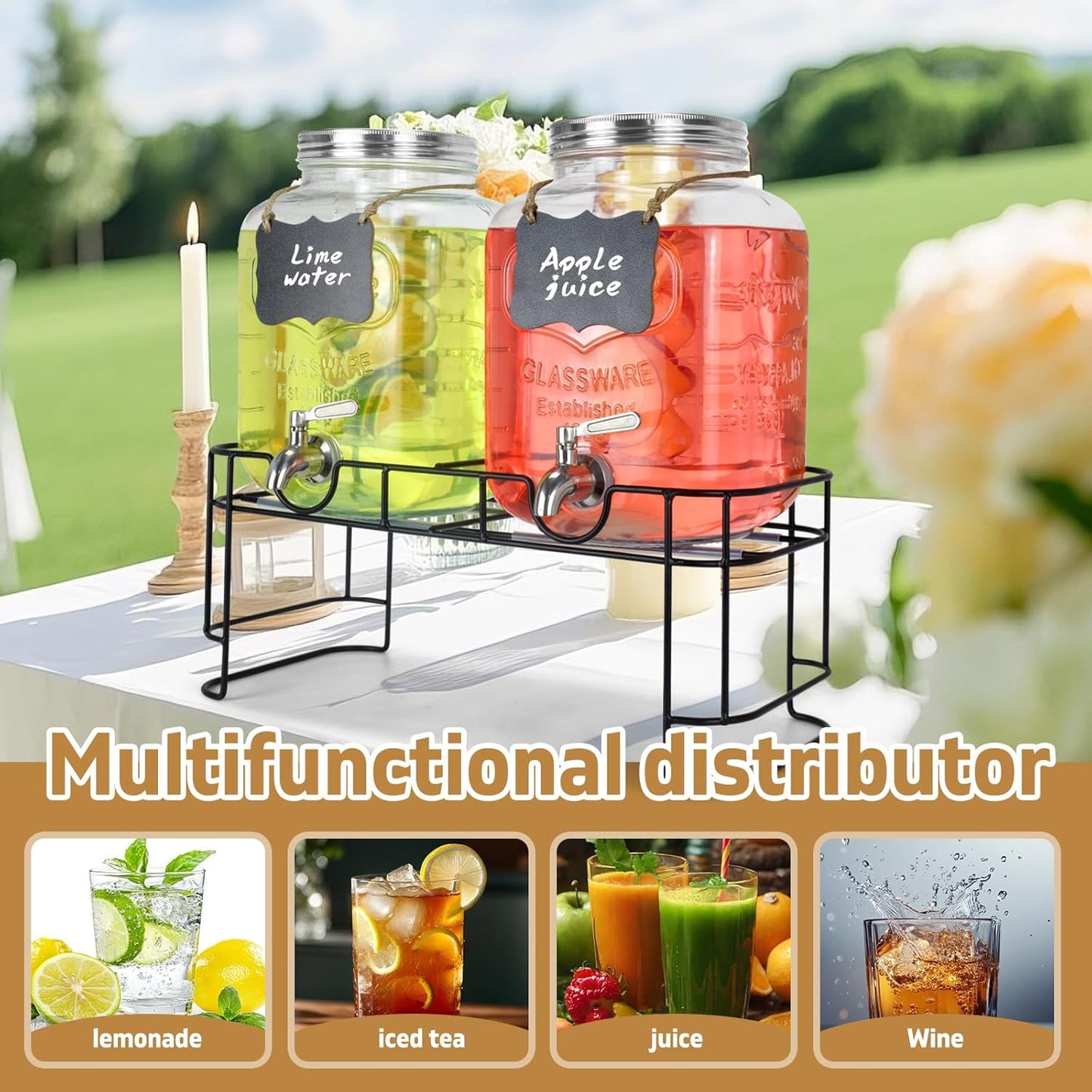 1 Gallon Glass Drink Dispensers For Parties 2PACK.Beverage Dispenser,Glass Drink Dispenser With Stand And Stainless Steel Spigot 100% Leakproof.Lemonade Dispenser With Ice Cylinder.Laundry Detergent