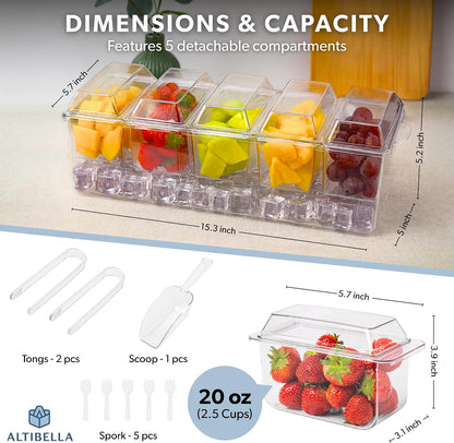 Ice Chilled Serving Trays for Party – 5Pcs Serving Dishes Condiment Cups with Lids Include Spill and Condensation Mat, Serving Utensils – Large Ice Tray and Convenient Draining Hole
