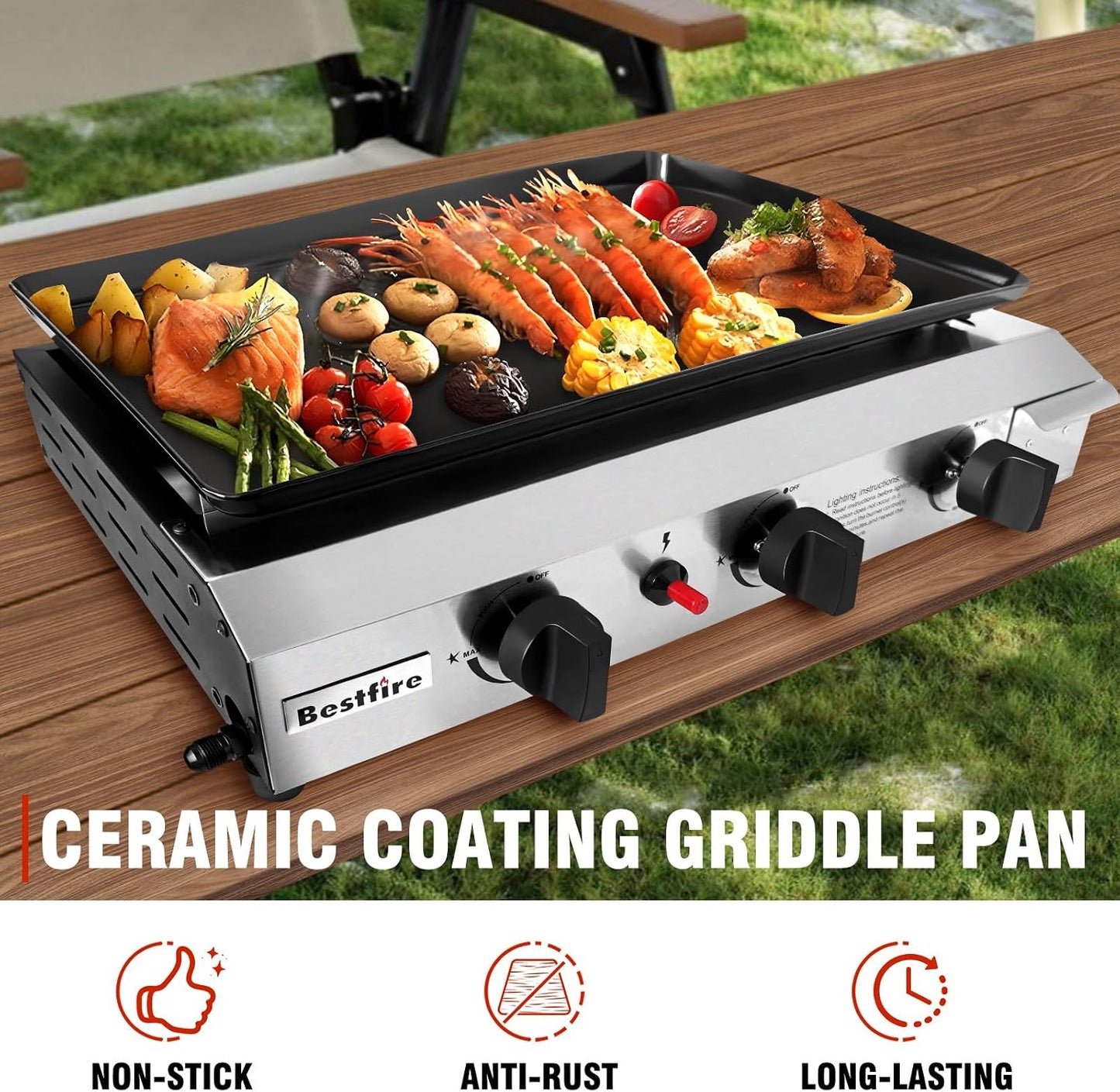 Bestfire Dual Fuel Propane Gas Charcoal Grill Combo Black Dual Lids, Flat Top Grill With 2 Side Shelves for BBQ, Outdoor and Backyard Cooking