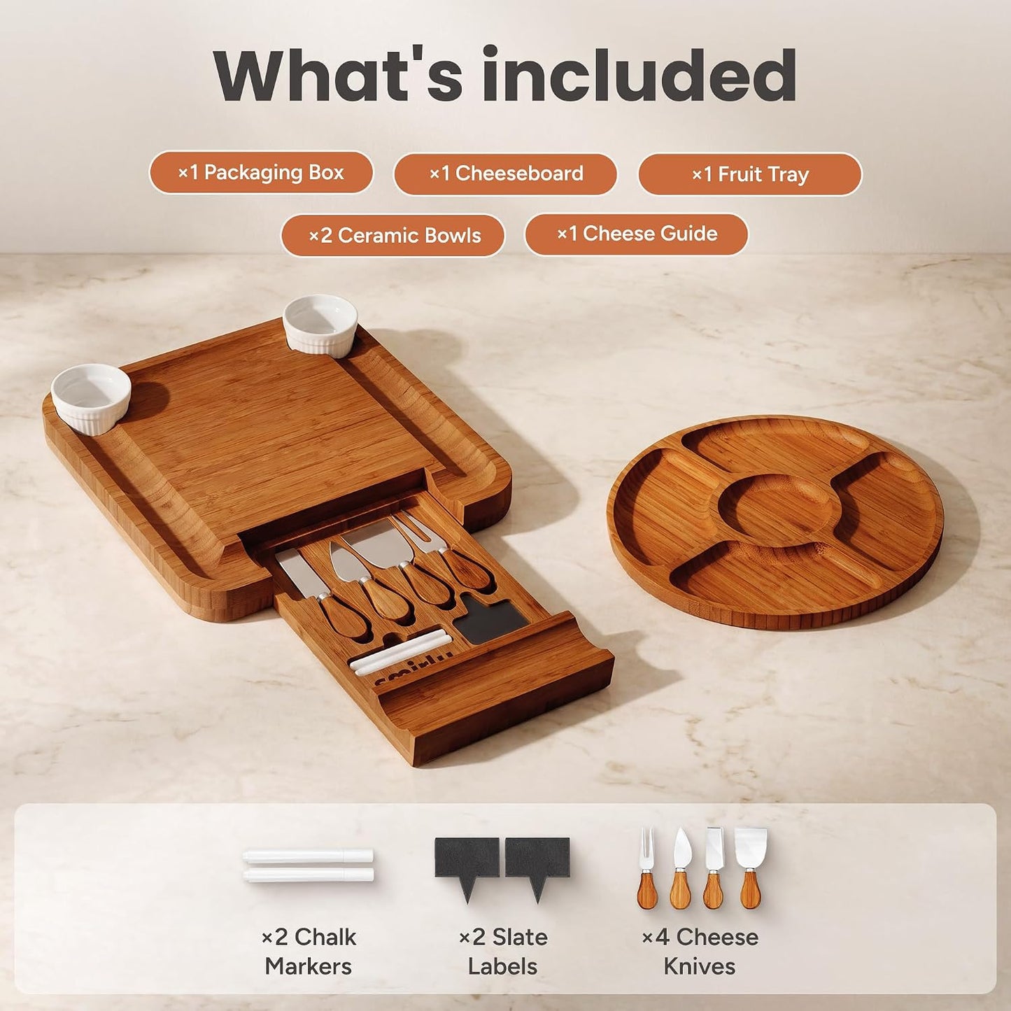 SMIRLY Charcuterie Large Bamboo Cheese Board Set for Serving - House Warming Gifts for New Home, Wedding, Bridal Shower & Birthday, for Women