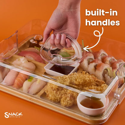 Charcuterie Board with Lid and Handle – Bamboo Travel Snack Tray with 5 Sections and 2 Dip Bowls, 11x14 inches, Covered Portable Cheese Platter for Picnics, Parties, Gifts