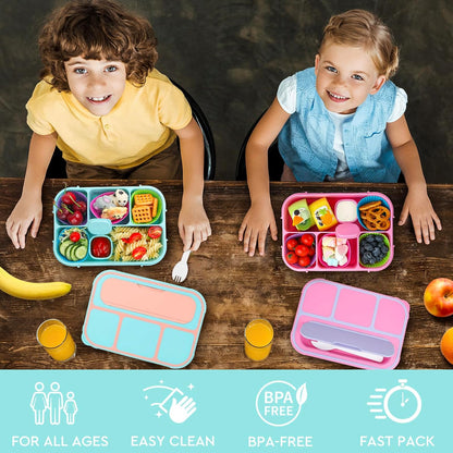 MaMix Bento Lunch Box for Kids, Lunchable Containers for Kids Adults with 4 Compartments + Lunch Bag, with Utensils, Sauce Jar, Muffin Liners (blue set)