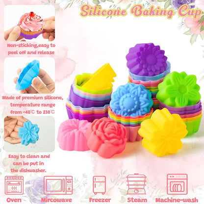 R HORSE 42Pcs Silicone Molds Cupcake 2 Inch Mini Size Reusable Muffins Liners Washable Non-Stick Donut Wrapper Mold Flower Shapes Baking Cups for Pan Oven Microwave Dishwasher