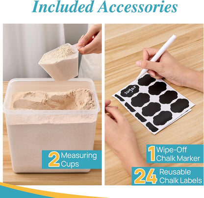 Vtopmart 4 PCS Large Food Storage Containers 5.2L / 175oz, 4 Pieces BPA Free Plastic Airtight Canisters for Flour, Sugar, Baking Supplies, Rice with Lids, 4 Measuring Cups and 24 Labels, Black