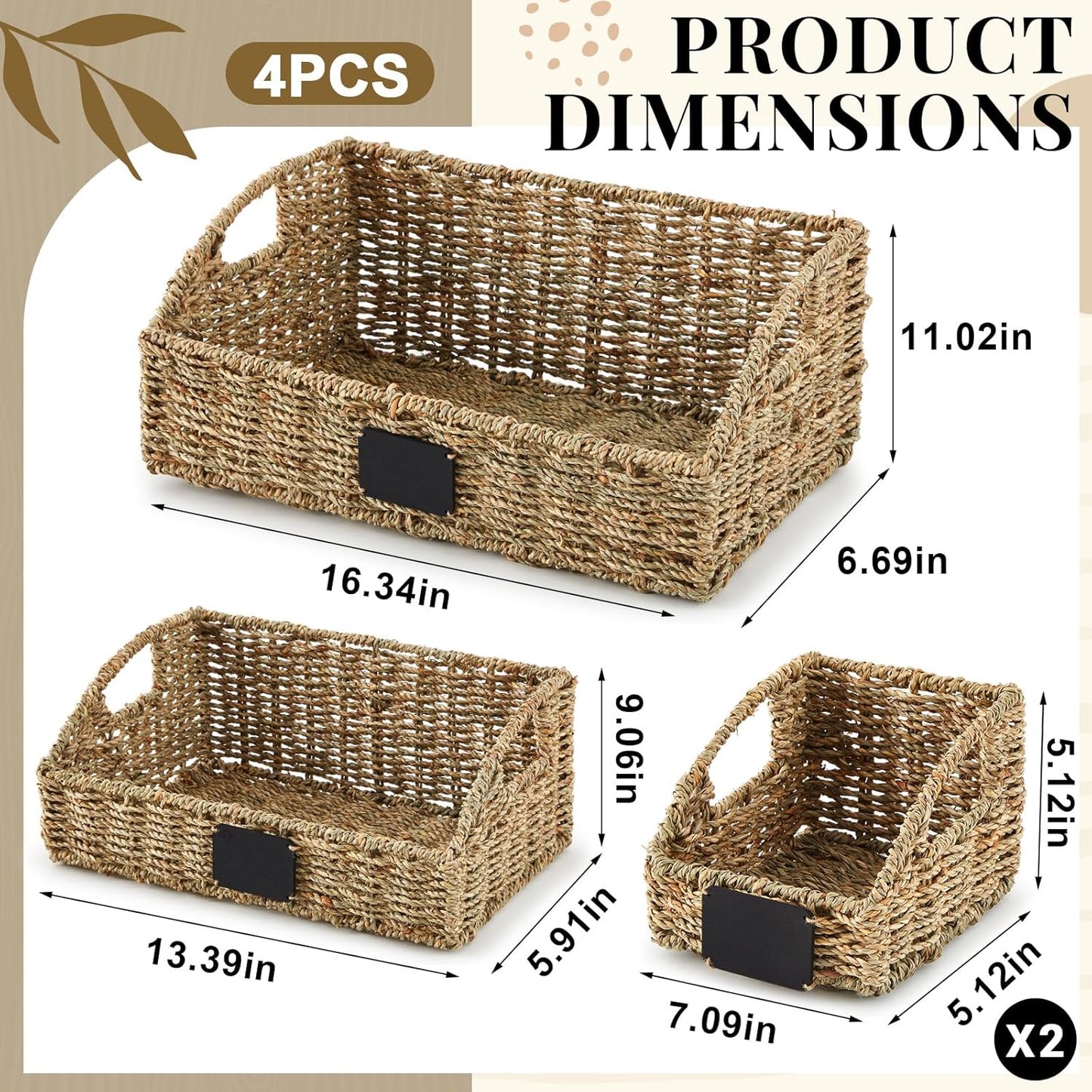 Wonderjune 4 Pcs Water Hyacinth Storage Basket Set Boho Wicker Rattan Pantry Basket with Chalkboard Label Handles Woven Container Kitchen Laundry Large Small for Shelves Food Home Bathroom Decor