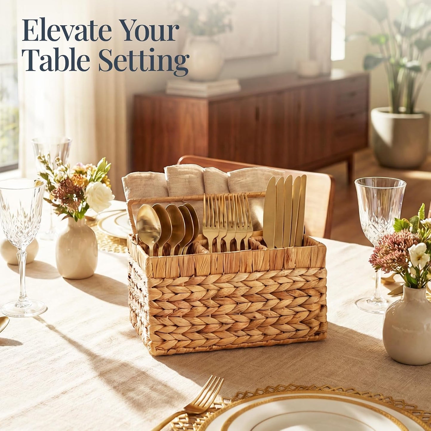 Best Choice Products Handwoven Silverware Organizer w/Handle, 5 Compartment Flatware Organizer, Shelf Storage Basket, Wicker Utensil Caddy, Cutlery Basket Holder for Party, Picnic, BBQ - Chestnut