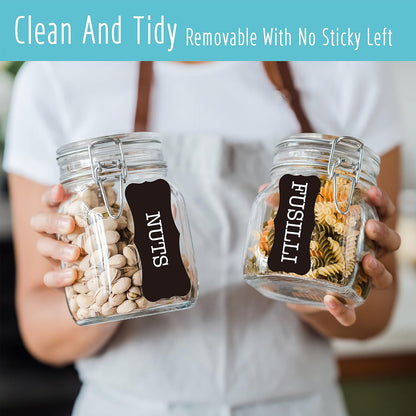 Hebayy 308 Pantry Food Labels, 280 Preprinted Flour Pasta Lentil Grain Condiment Oil Stickers, 28 Blank Ones, Waterproof Oil&Tear Resistant, No Residue for Kitchen Containers Jars(White on Black)