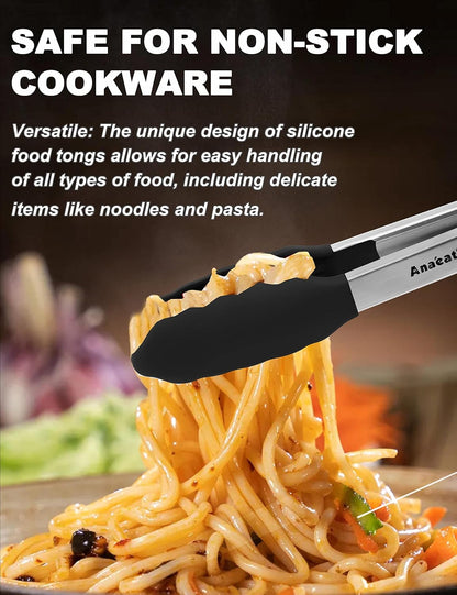 Anaeat Premium Kitchen Locking Tong Set of 3 - Heavy Duty Stainless Steel Food Tongs with Long Handle & Non-Slip Silicone Grip for Cooking, Baking, Grilling - Heat Resistant up to 480°F