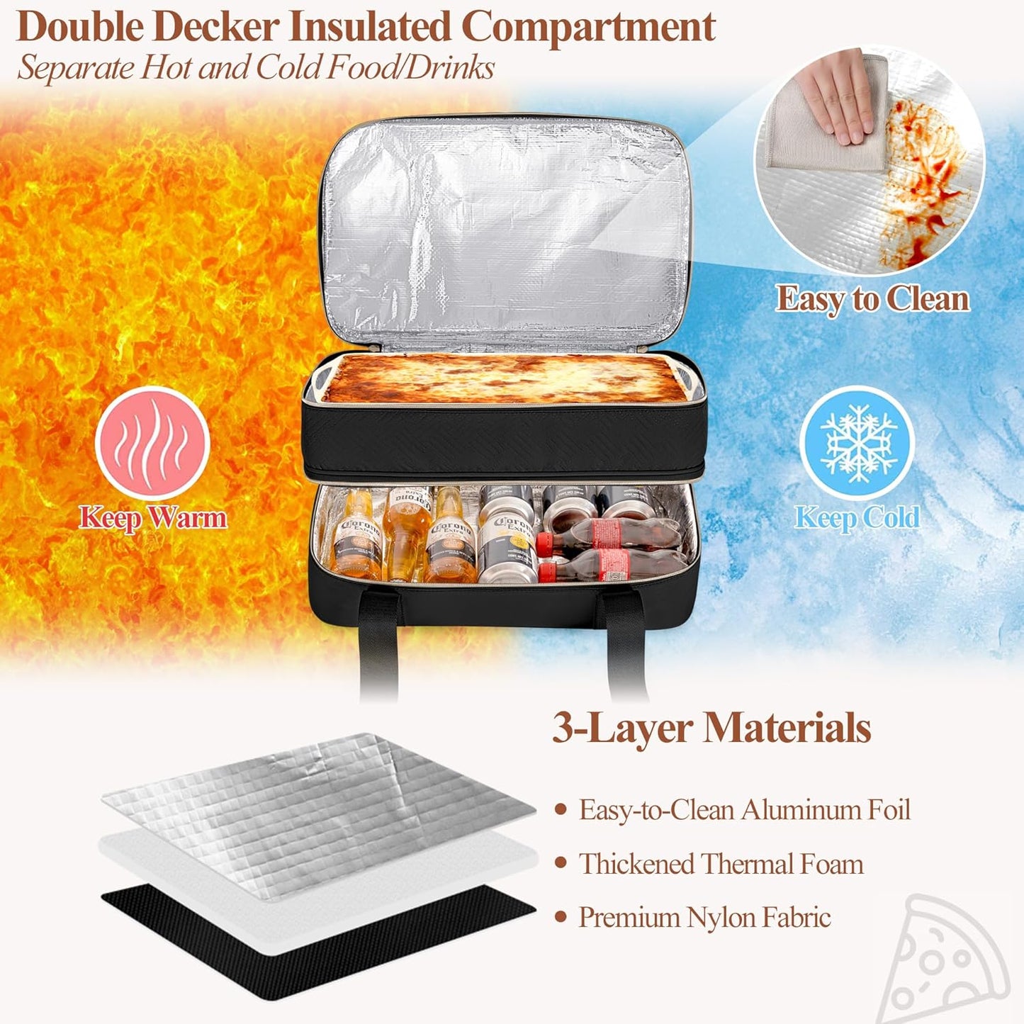 Insulated Casserole Carrier for Hot or Cold Food, Thermal Lasagna Lugger Tote to Keep Food Warm, Double Decker Food Warmer Bag Fits 9”x13” Baking Dish, Pink