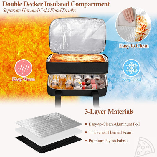 Insulated Casserole Carrier for Hot or Cold Food, Thermal Lasagna Lugger Tote to Keep Food Warm, Double Decker Food Warmer Bag Fits 9”x13” Baking Dish, Pink