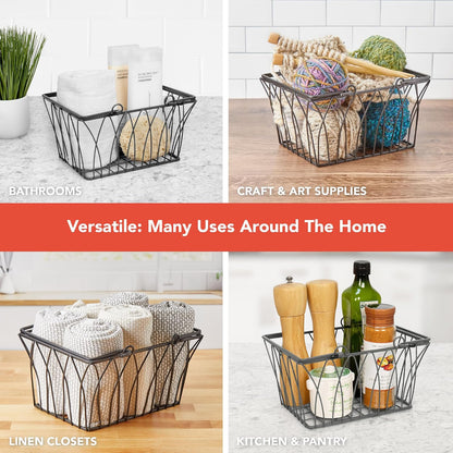 Spectrum Small Wire Basket with Handles Black Farmhouse Basket Organizer for Kitchen Bathroom Laundry Pantry Shelf Organization, Sturdy Twist Wire Metal Basket with Handle for Gifts or Storage