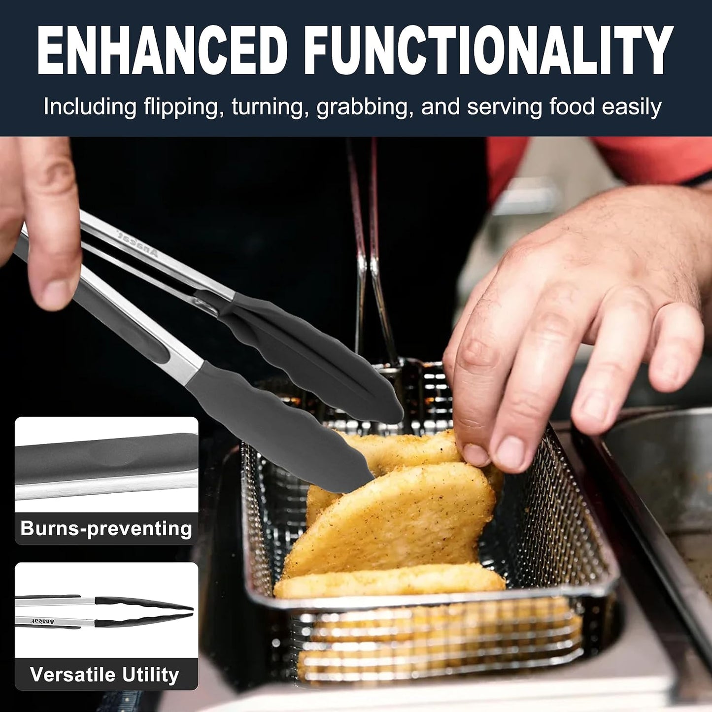 Anaeat Premium Kitchen Locking Tong Set of 3 - Heavy Duty Stainless Steel Food Tongs with Long Handle & Non-Slip Silicone Grip for Cooking, Baking, Grilling - Heat Resistant up to 480°F