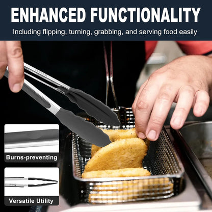 Anaeat Premium Kitchen Locking Tong Set of 3 - Heavy Duty Stainless Steel Food Tongs with Long Handle & Non-Slip Silicone Grip for Cooking, Baking, Grilling - Heat Resistant up to 480°F