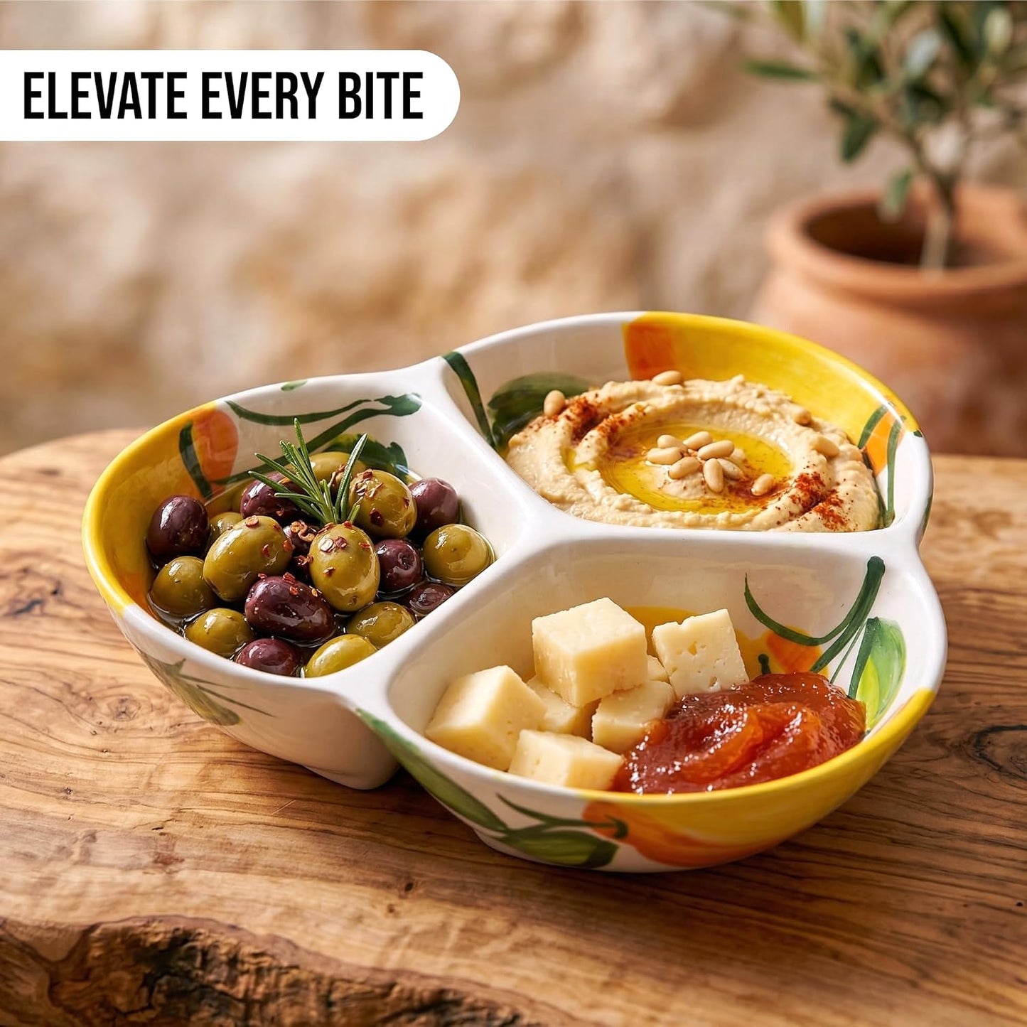 Ceramic Chip & Dip Bowl 7.5”, 3-Compartment Divided Serving Dish & Condiment Tray for Appetizers – Handmade in Spain, Lead-Free Glaze, Microwave, Oven & Dishwasher Safe
