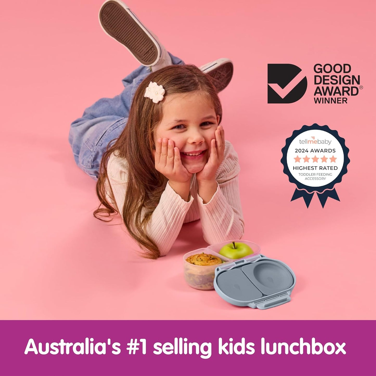b.box Snack Box 2-Pack - Leak Proof Mini Bento Box for Kids & Toddlers, 2 Compartment Snack Containers for Kids, Dishwasher Safe, BPA-Free, PFAS-Free, Ages 4mo+, 1 3/4 Cup Each (Strawberry + Lilac)