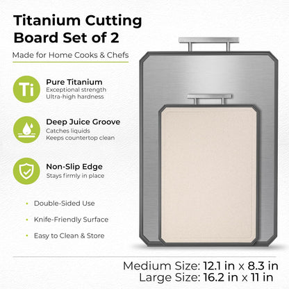 Freshware Titanium Cutting Board for Kitchen, Set of 2, Double Sided Cutting Boards, Pure Titanium/PP, Chopping Board with Juice Grooves, Dishwasher Safe, Medium 12.1" by 8.3" and Large 16.2" by 11"