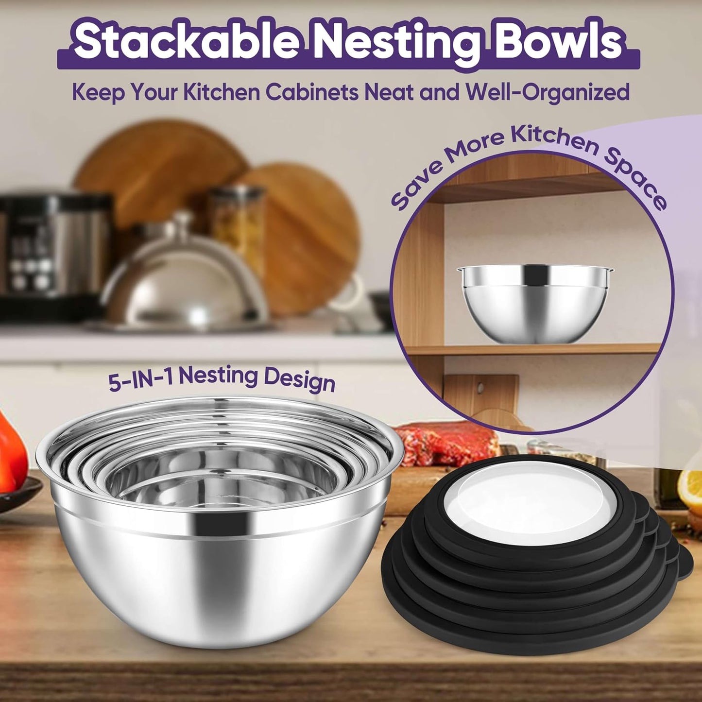 Herogo 5-Piece Mixing Bowls with Airtight Lids, 3 Grater Attachments, Stainless Steel Salad Serving Bowls for Kitchen, Size 4.6, 3.5, 2.5, 2, 1.5QT Ideal for Prepping & Cooking, Black