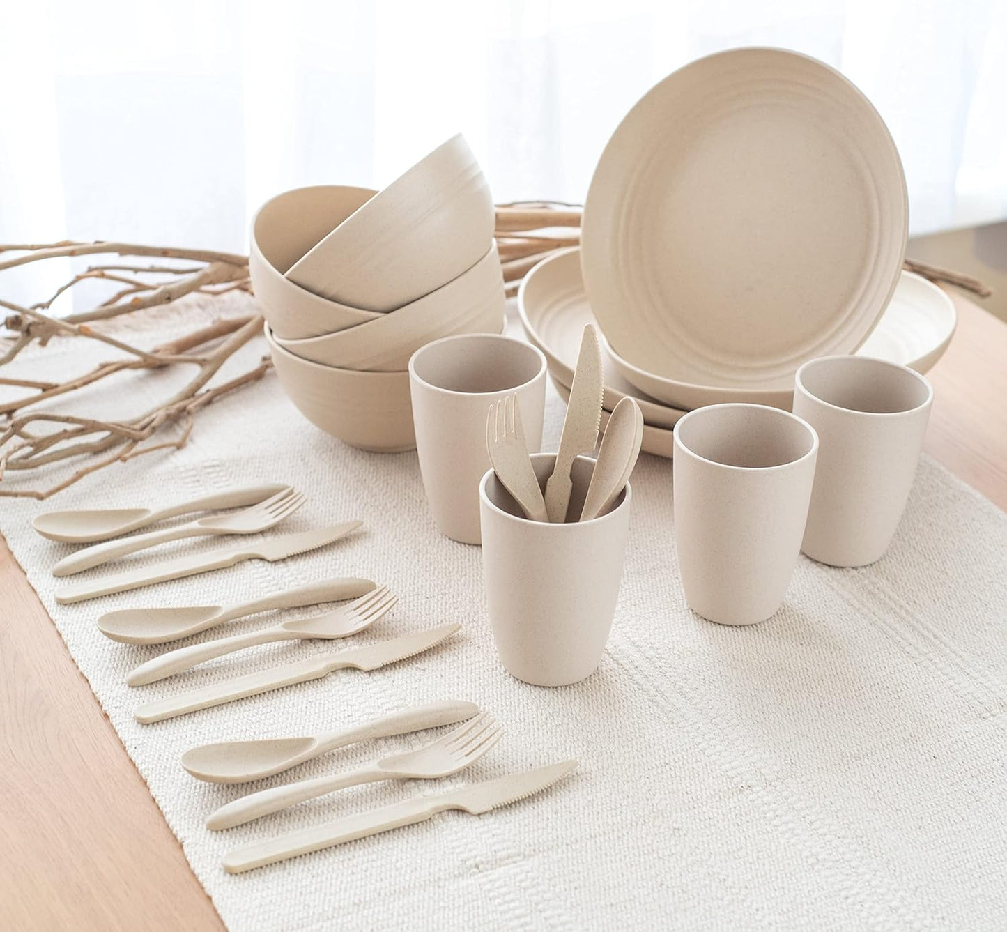 FOODLE Wheat Straw Dinnerware Set - BPA Free & Safety Tested - Microwave & Dishwasher Safe Dishes - Perfect for Camping, Picnic, RV, Dorm - Plates, Cups and Bowls - Great for Kids & Adults - For 4