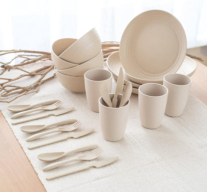 FOODLE Wheat Straw Dinnerware Set - BPA Free & Safety Tested - Microwave & Dishwasher Safe Dishes - Perfect for Camping, Picnic, RV, Dorm - Plates, Cups and Bowls - Great for Kids & Adults - For 4
