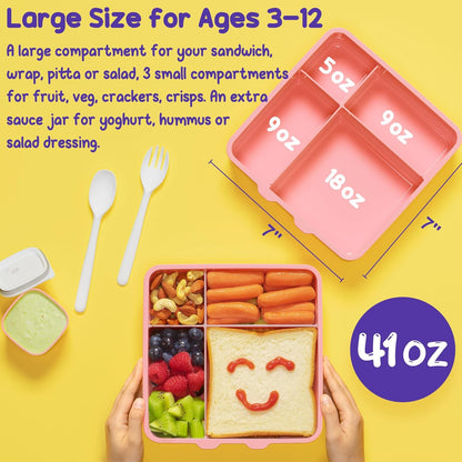 Fimibuke Bento Lunch Box for Kids, Leak Proof Toddler Bento Box with 4 Compartments BPA Free Dishwasher Safe Lunch Container with Utensils, Ideal Portion Sizes for Ages 3-12 Girls Boys for School