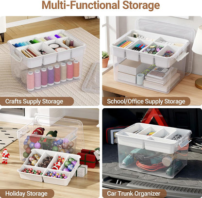 40Qt Stackable Storage Bins with Lids & Trays, Clear Plastic Latching Boxes Organizers with Dividers Portable 10Gal Containers for Arts & Crafts, Home and Car Trunk Organization, 2Pack